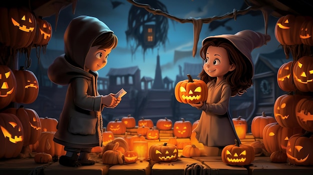 Halloween scene children costumized going to ask for candies