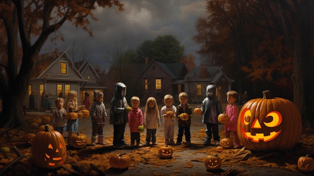 Halloween scene children costumized going to ask for candies