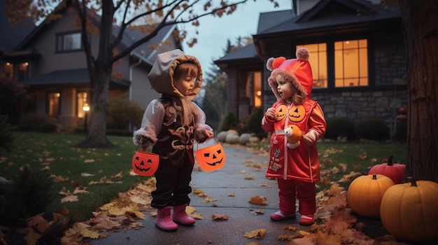 Halloween scene children costumized going to ask for candies