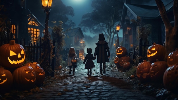 Halloween scene children costumized going to ask for candies