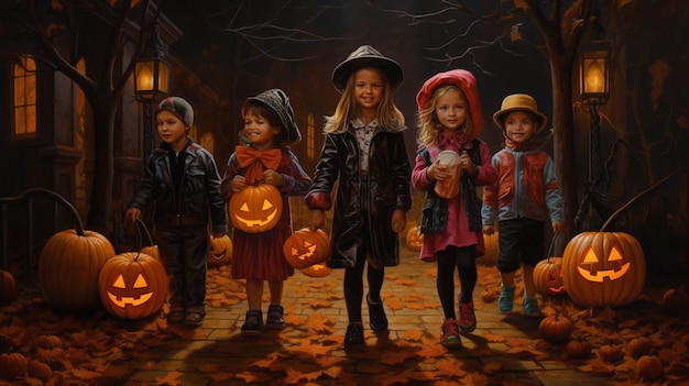 Halloween scene children costumized going to ask for candies