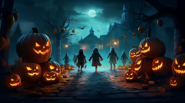 Halloween scene children costumized going to ask for candies