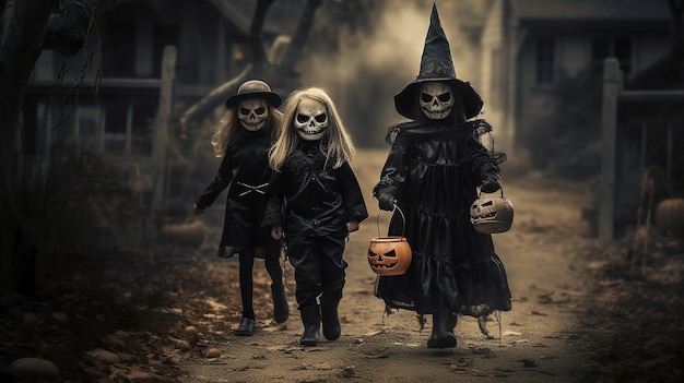 Halloween scene children costumized going to ask for candies