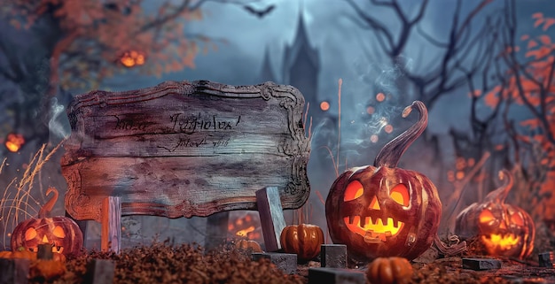 Halloween scene depicting carved pumpkin lanterns and an old wooden sign in a dark spooky forest with a distant castle