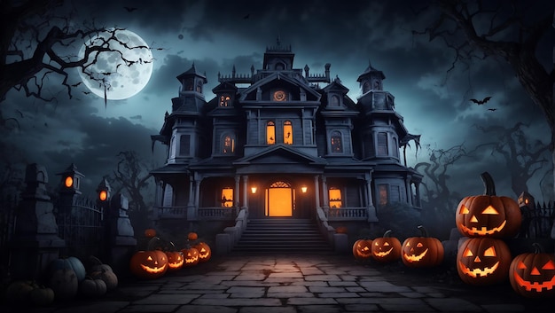 Halloween scene horror background design with devil pumpkins wallpaper generated by AI