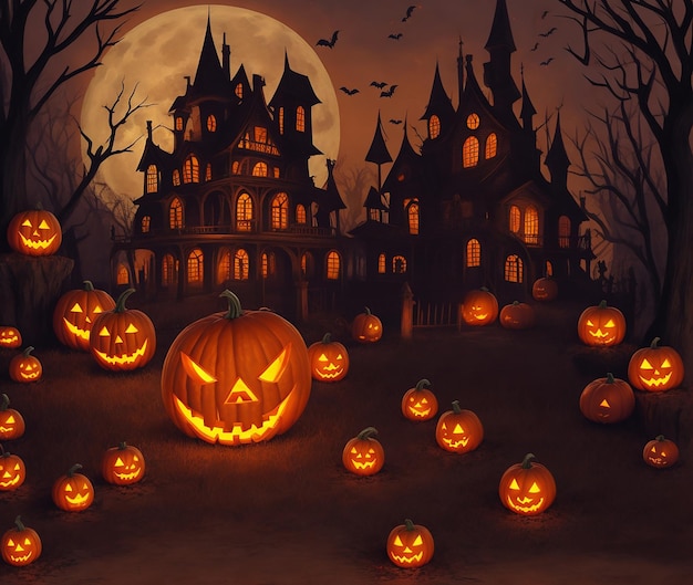 Halloween scene horror background with creepy pumpkins of spooky generated by AI