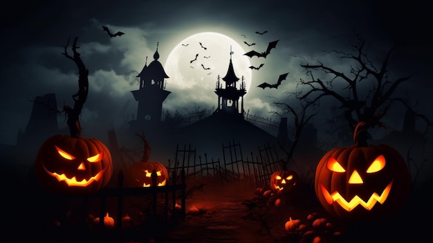 Halloween scene horror background with creepy pumpkins of spooky halloween haunted mansion Evil houseat night with full moon Generative AI