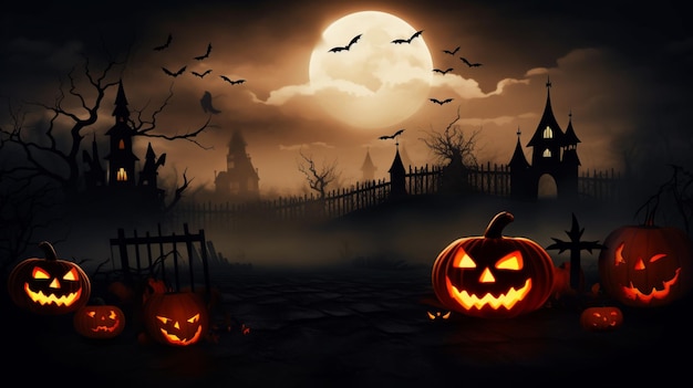 Halloween scene horror background with creepy pumpkins of spooky halloween haunted mansion Evil houseat night with full moon Generative AI