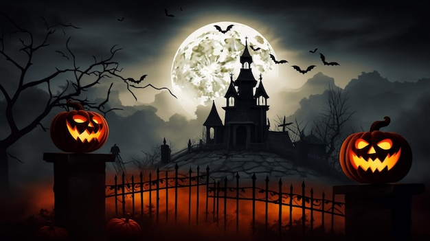 Halloween scene horror background with creepy pumpkins of spooky halloween haunted mansion Evil houseat night with full moon Generative AI