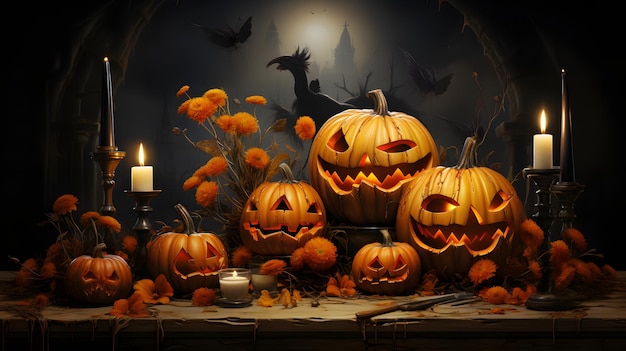 halloween scene horror background with creepy pumpkins of spooky halloween