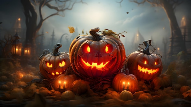 halloween scene horror background with creepy pumpkins of spooky halloween