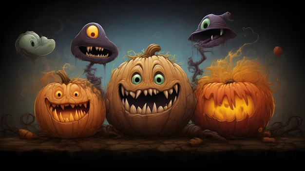 halloween scene horror background with creepy pumpkins of spooky halloween