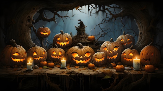 halloween scene horror background with creepy pumpkins of spooky halloween