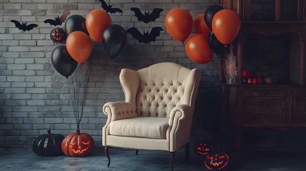 The Halloween scene with armchair colorful balloons decorations and old walls gives a sense of fun and mystery The contrast between the colorful balloons and the old and charming charm of the wall