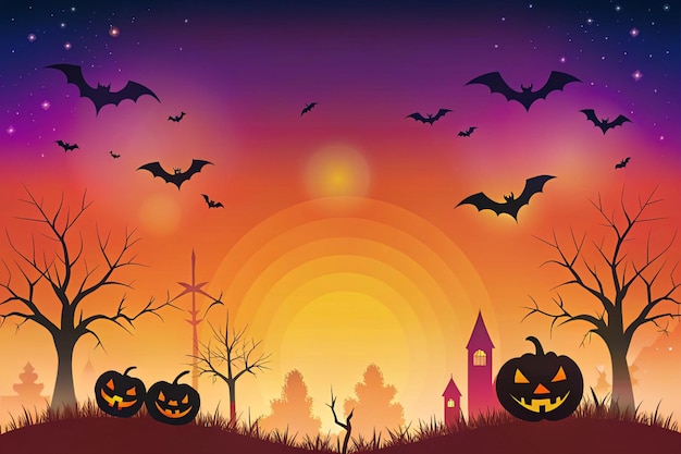 a halloween scene with bats and a castle in the background