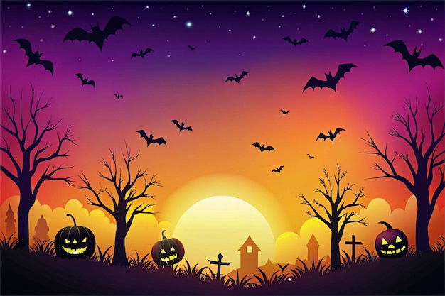 a halloween scene with bats and a cross on the top