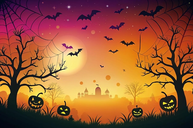 a halloween scene with bats flying in front of a castle