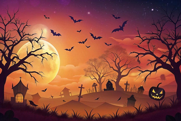 Photo a halloween scene with bats flying in the sky and a cemetery in the background