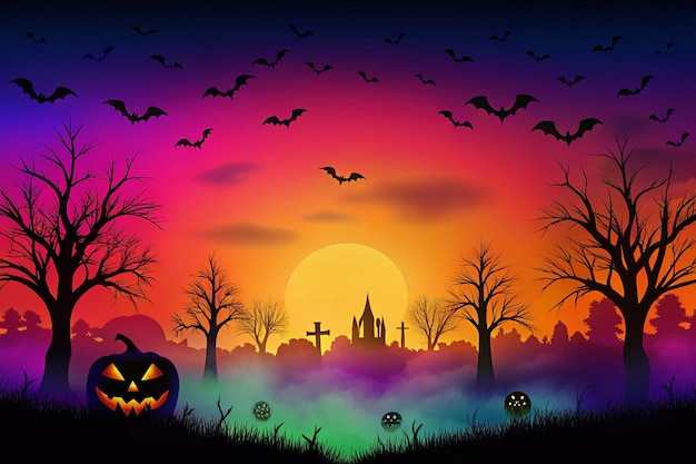 a halloween scene with bats flying in the sky