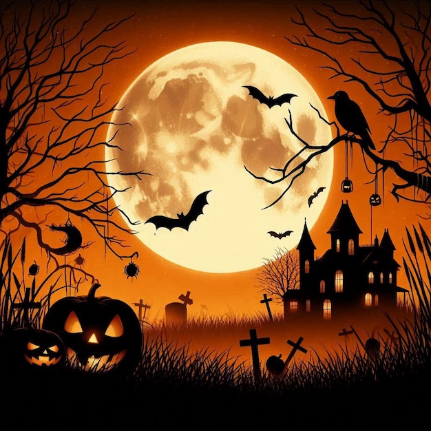 a halloween scene with bats and a full moon