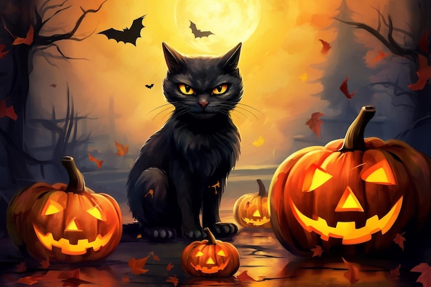 A halloween scene with a black cat and pumpkins.