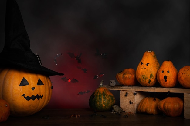 Halloween scene with carved pumpkins and decoration