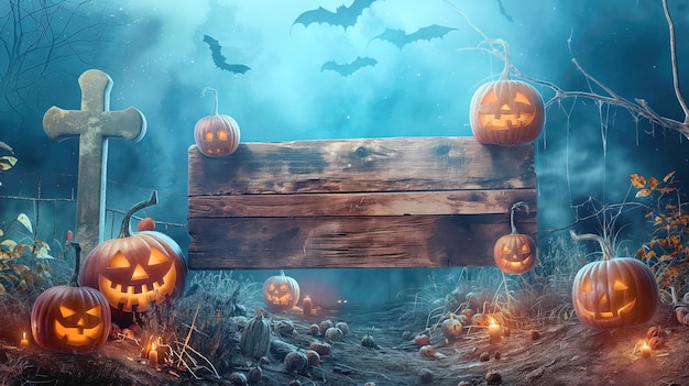 Halloween scene with carved pumpkins wooden sign candles cross bats and a foggy eerie background