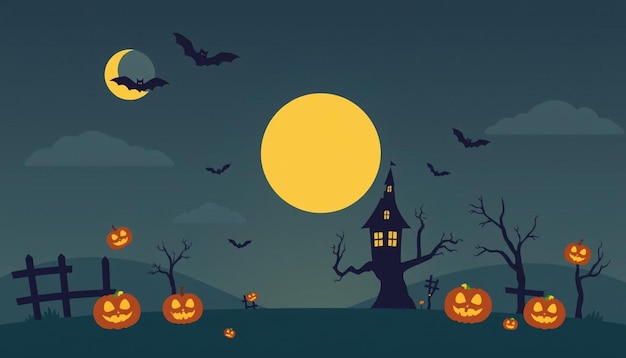 A Halloween scene with a castle and bats flying in the background