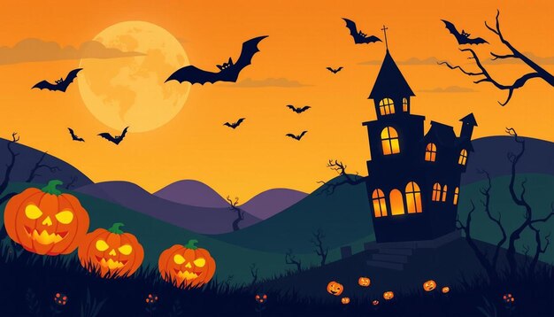 A Halloween scene with a castle and bats flying in the background