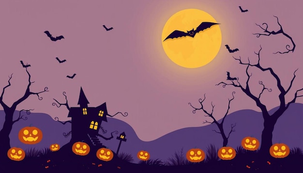 A Halloween scene with a castle and bats flying in the background