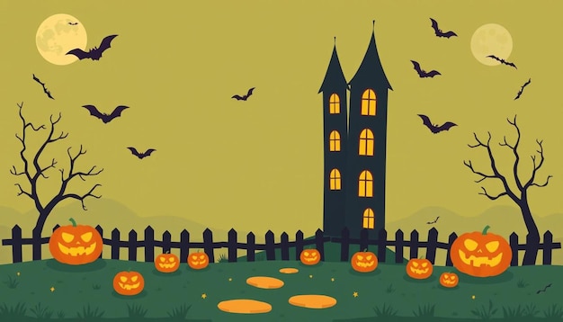 Photo a halloween scene with a castle and bats flying in the background