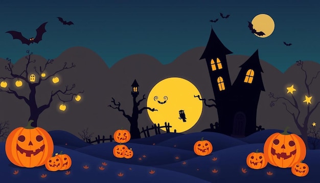 A Halloween scene with a castle and bats flying in the sky