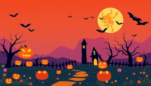 A Halloween scene with a castle and bats flying in the sky