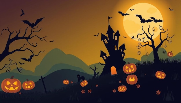 A Halloween scene with a castle and bats flying in the sky