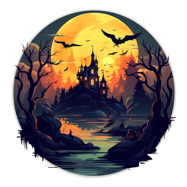 Halloween scene with castle and bats in the sky Generative AI