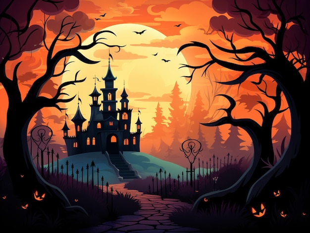 halloween scene with castle and cemetery in the woods generative ai