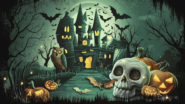 a halloween scene with a castle and a pumpkin with a ghost in the background