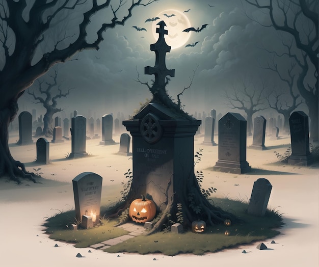 A halloween scene with a cemetery and pumpkins on the ground.