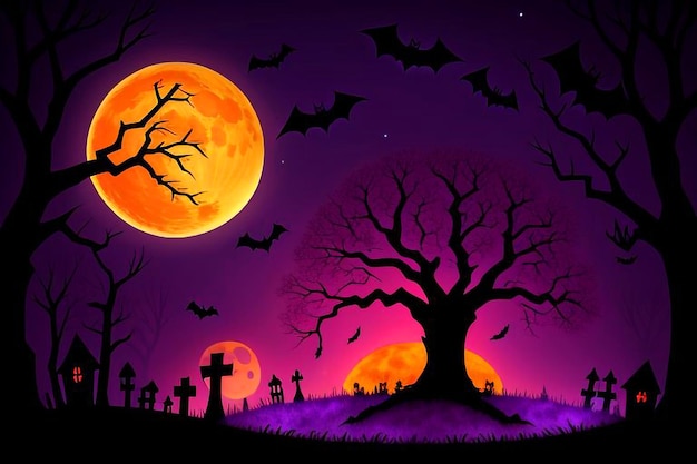 a halloween scene with a full moon and a tree with bats and a full moon in the background