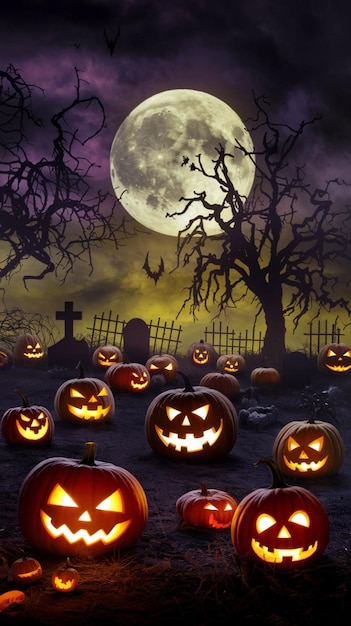 Photo halloween scene with glowing pumpkins and moon evokes suspenseful atmosphere