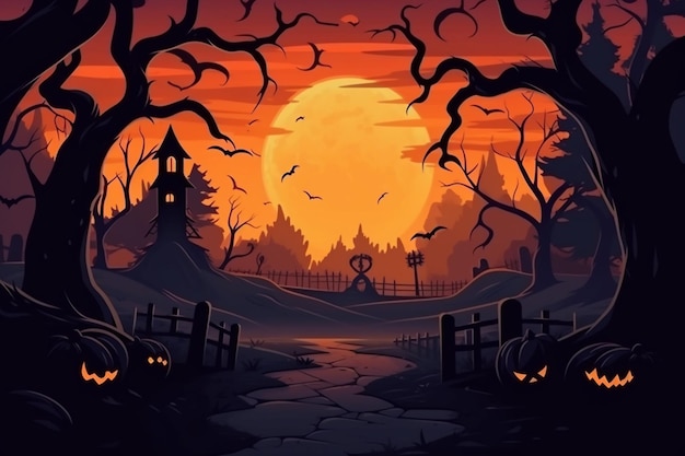 A halloween scene with a graveyard and a pumpkin with the moon in the background.