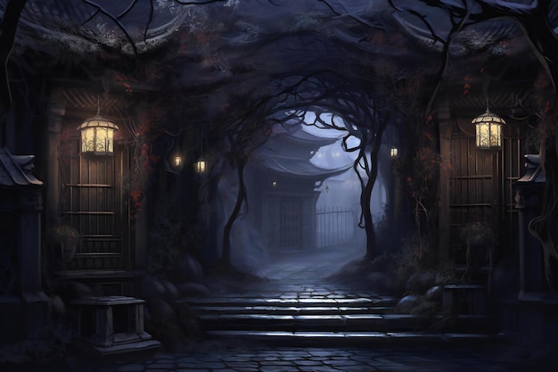 Halloween scene with haunted house and trees render illustration