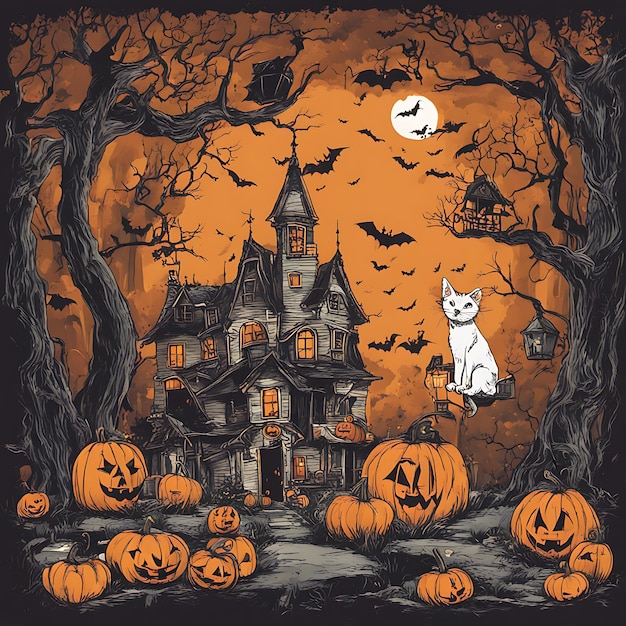 a halloween scene with a house and a cat in the woods