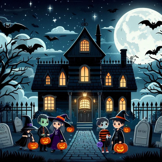 a halloween scene with a house and a graveyard with a pumpkin and a house with a full moon behind it