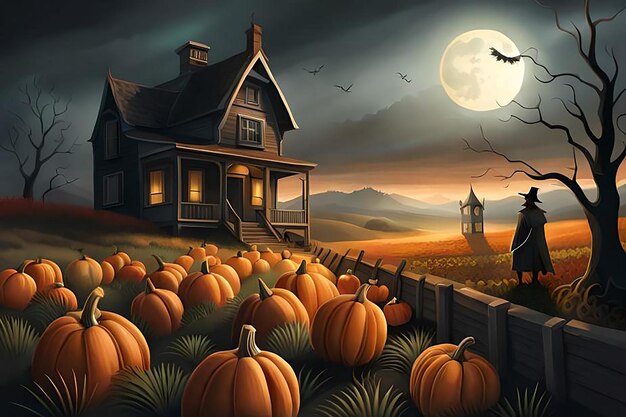 A halloween scene with a house and pumpkins in the foreground.