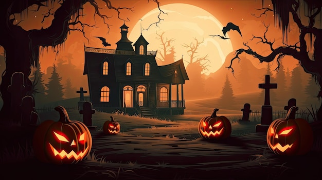 A halloween scene with a house and pumpkins in front of it.