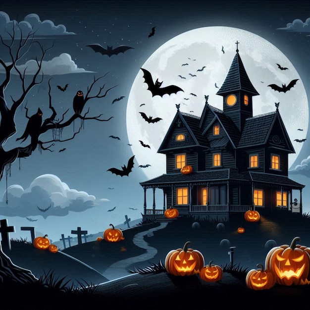 a halloween scene with a house and pumpkins on the front