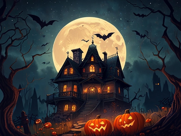 a halloween scene with a house and pumpkins on the front