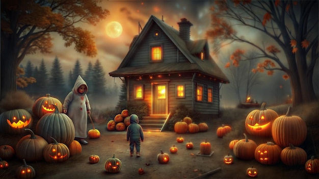 a halloween scene with a house and pumpkins and a house with bats flying around it