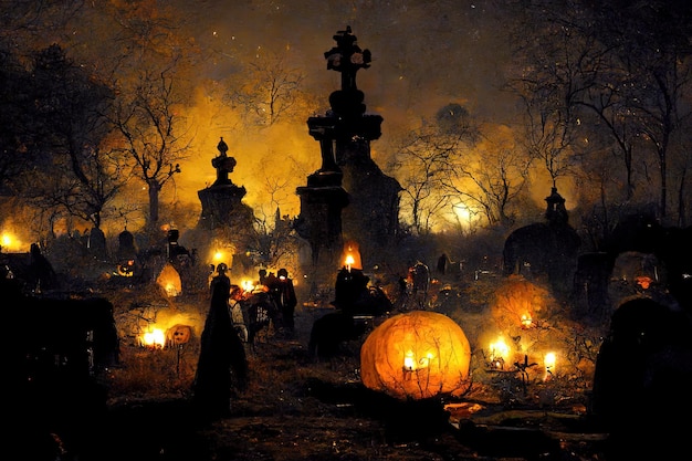 Halloween scene with mystical atmosphere dark scary mood with pumpkins dark clouds and sky big m